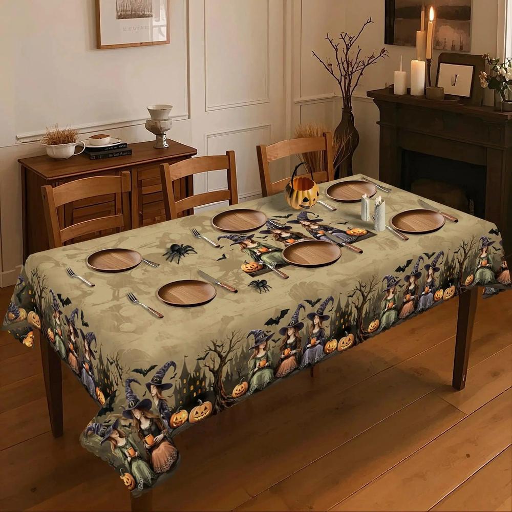 Gothic Halloween Witch Castle Pumpkin Tablecloth Spooky Decorations-MoonChildWorld