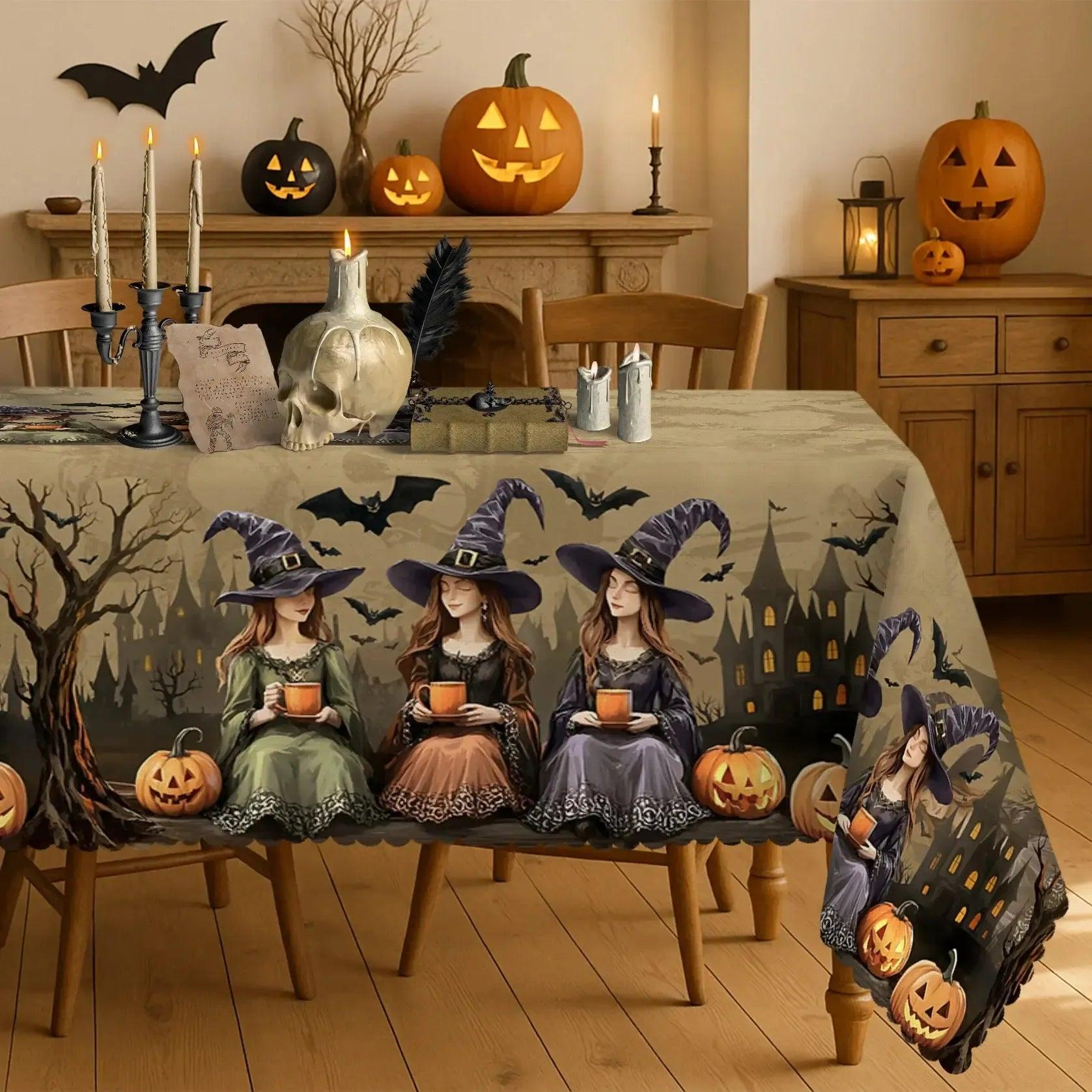 Gothic Halloween Witch Castle Pumpkin Tablecloth Spooky Decorations-MoonChildWorld