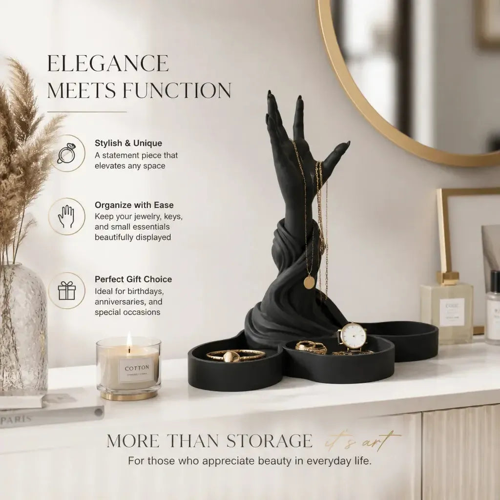 Hand organizer feature graphic: Gothic Hand Sculpture Jewelry Organizer Tray, featuring an upright sculpted hand above multiple small tray compartments.