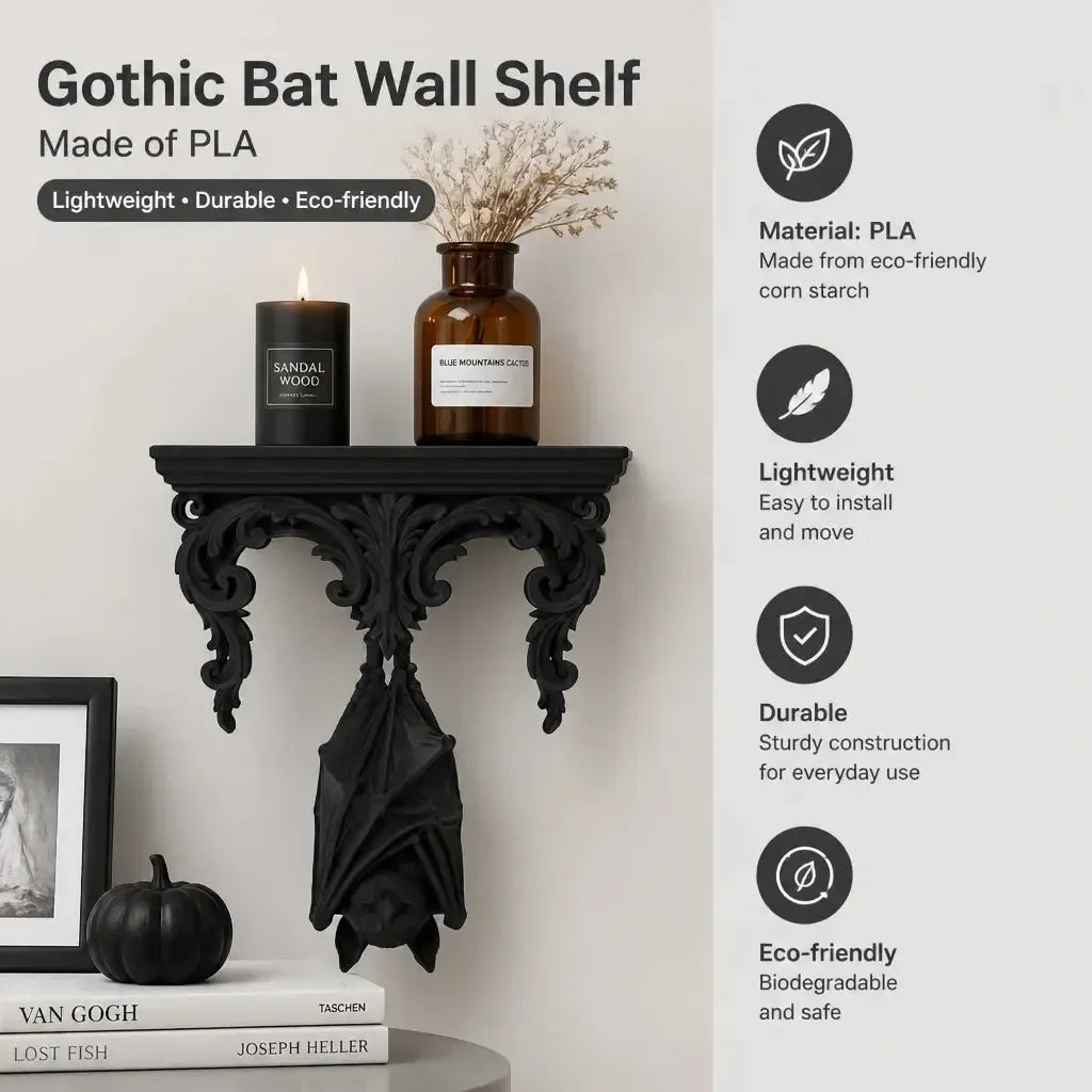 Interior styling and feature graphic: Gothic Hanging Bat Wall Shelf, featuring an upside-down bat beneath an ornate ledge and scrolling supports.