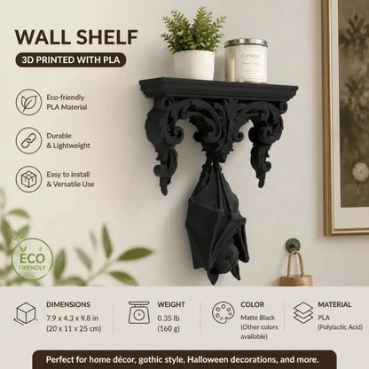 Styled shelf with small objects: Gothic Hanging Bat Wall Shelf, featuring an upside-down bat beneath an ornate ledge and scrolling supports.