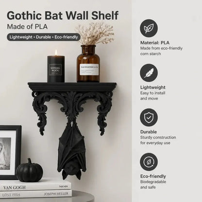Interior styling and feature graphic: Gothic Hanging Bat Wall Shelf, featuring an upside-down bat beneath an ornate ledge and scrolling supports.
