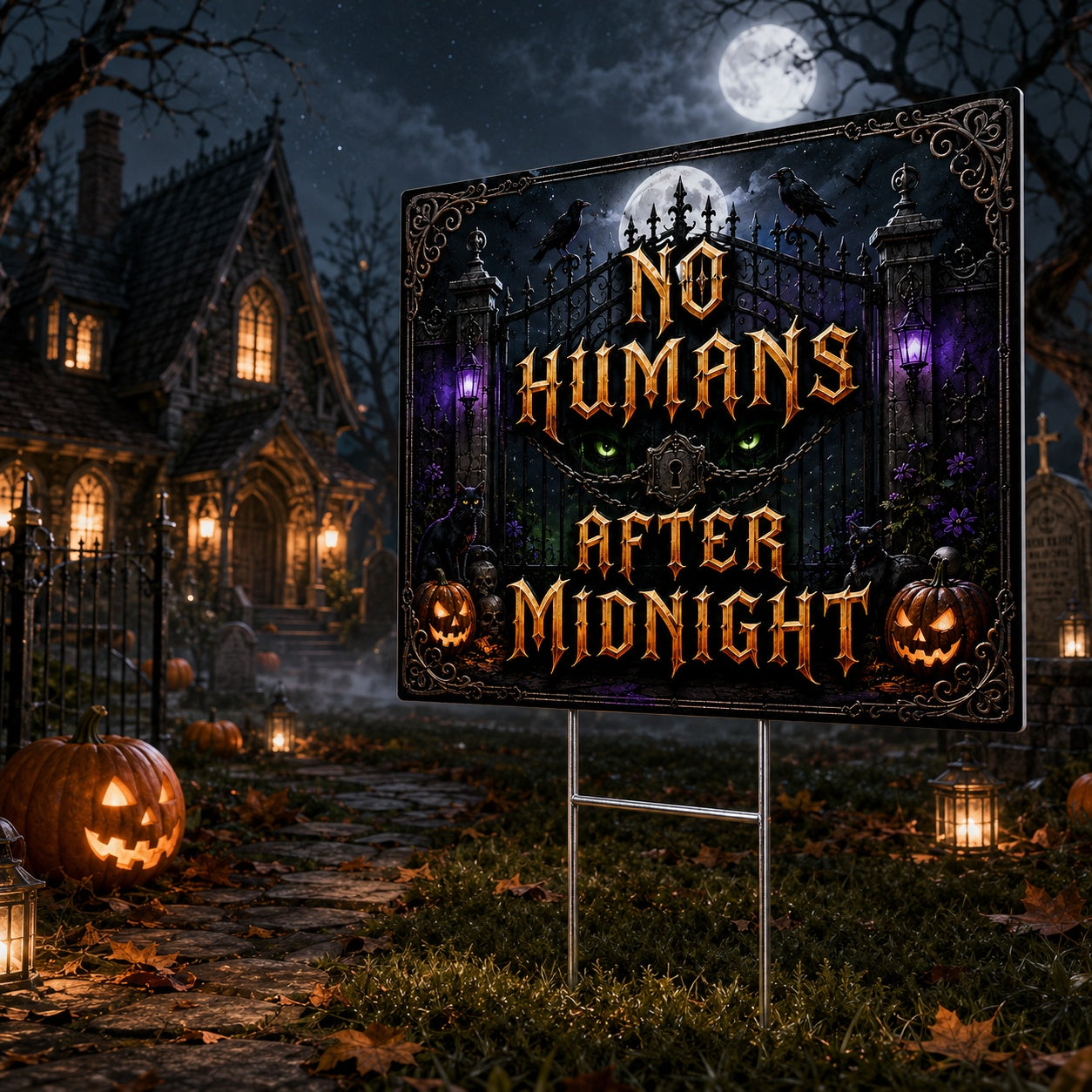 Gothic Haunted Halloween Night Witchy Yard Sign - porch scene