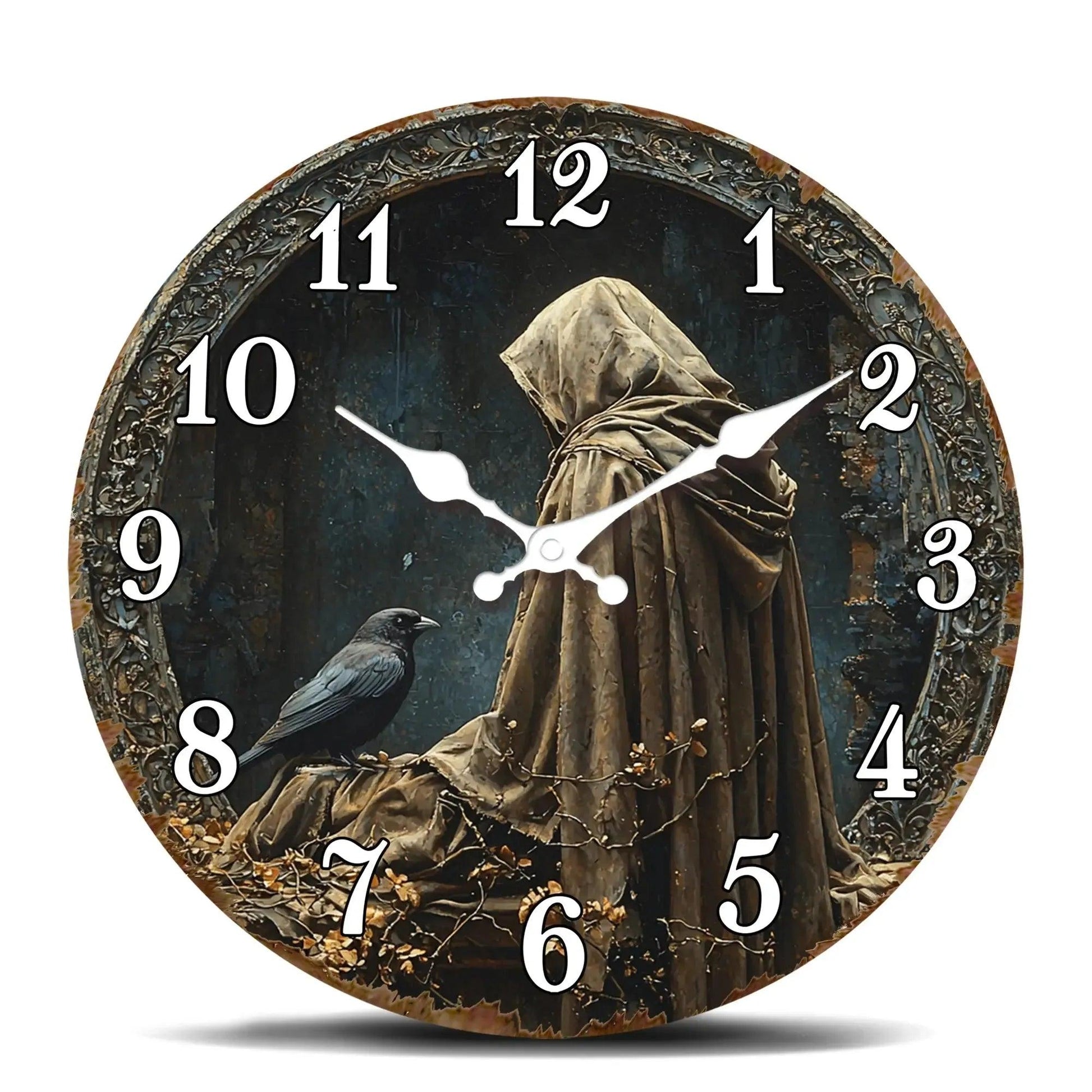 Gothic Hooded Figure with Raven Wooden Wall Clock Mysterious Decorative Timepiece-MoonChildWorld