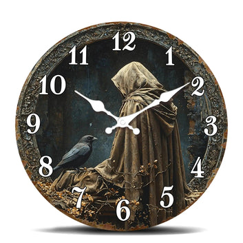 Gothic Hooded Figure with Raven Wooden Wall Clock Mysterious Decorative Timepiece-MoonChildWorld
