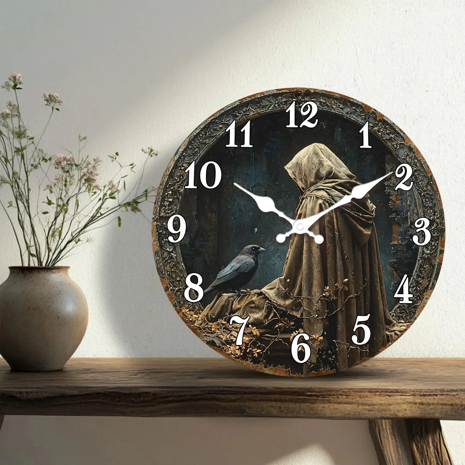 Gothic Hooded Figure with Raven Wooden Wall Clock Mysterious Decorative Timepiece-MoonChildWorld