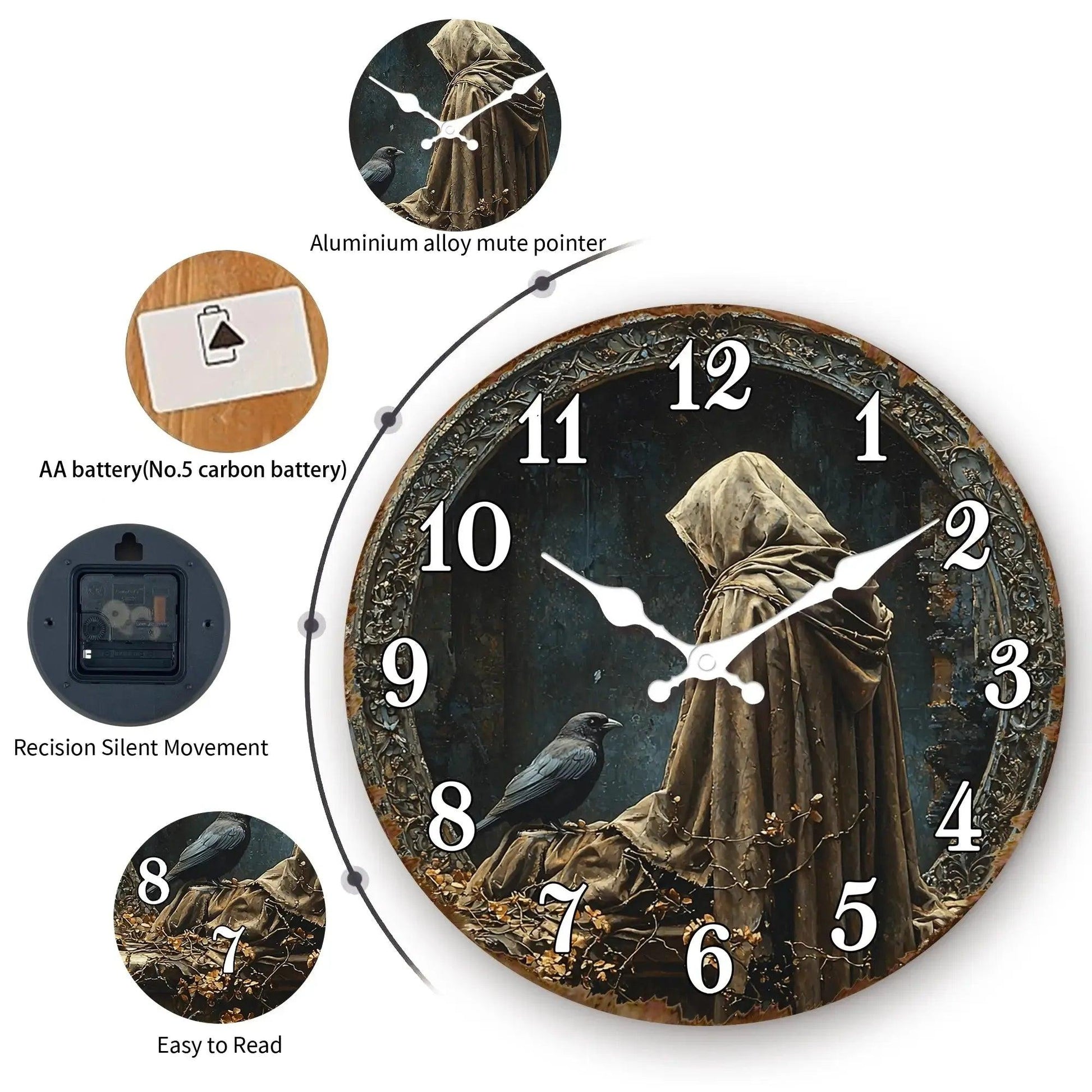 Gothic Hooded Figure with Raven Wooden Wall Clock Mysterious Decorative Timepiece-MoonChildWorld