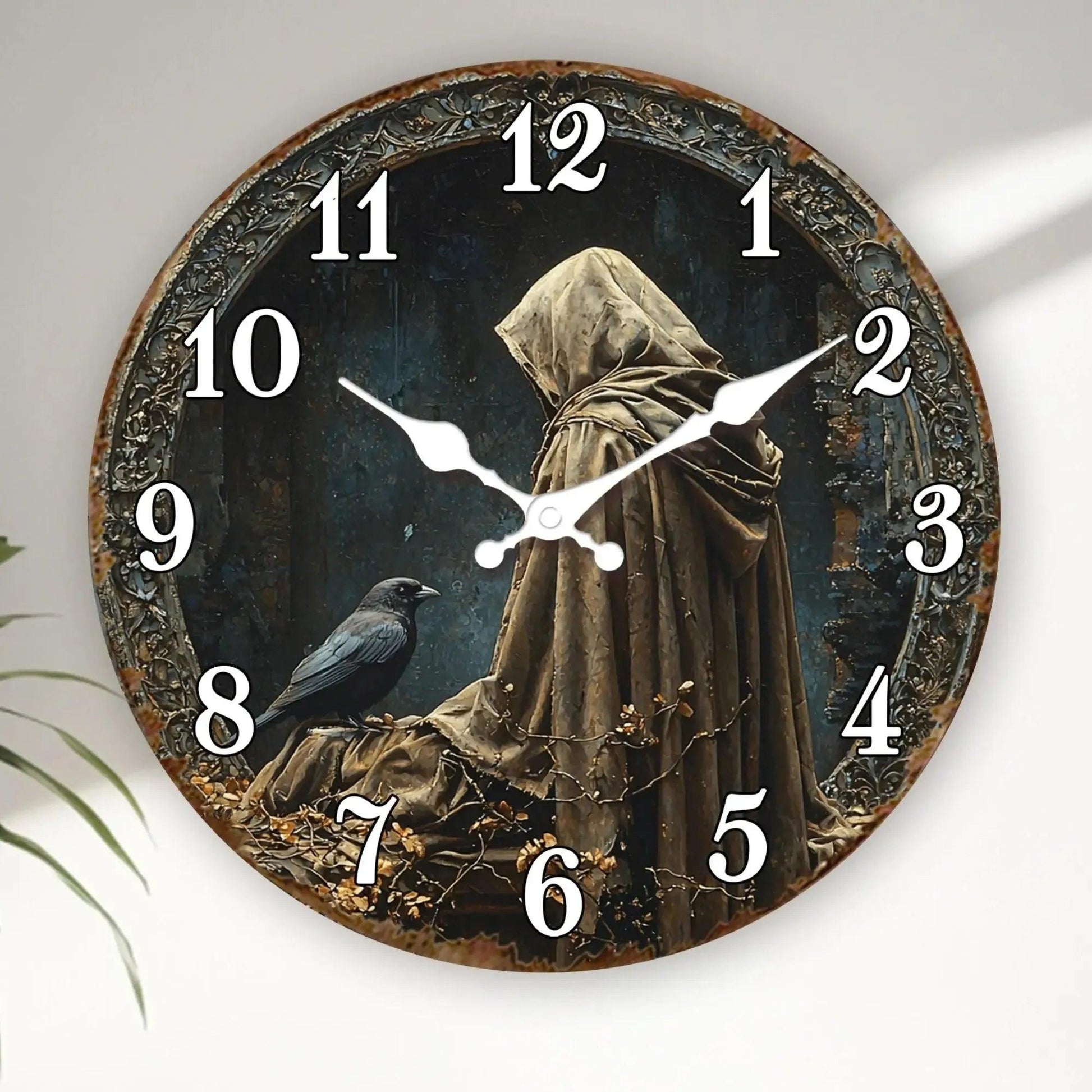 Gothic Hooded Figure with Raven Wooden Wall Clock Mysterious Decorative Timepiece-MoonChildWorld