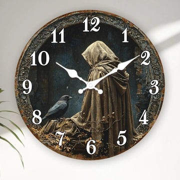 Gothic Hooded Figure with Raven Wooden Wall Clock Mysterious Decorative Timepiece-MoonChildWorld