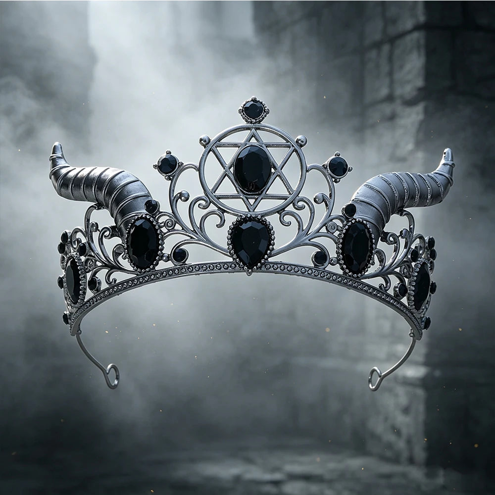 Gothic Horned Crown with Hexagram Tiara Headpiece for Halloween-MoonChildWorld