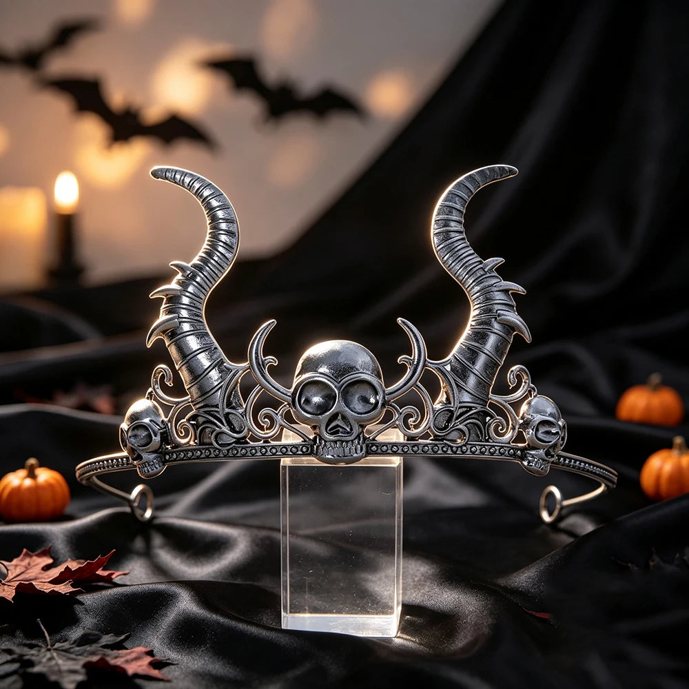Gothic Horned Skull Tiara Crown Vintage Witch Metal Headband-MoonChildWorld