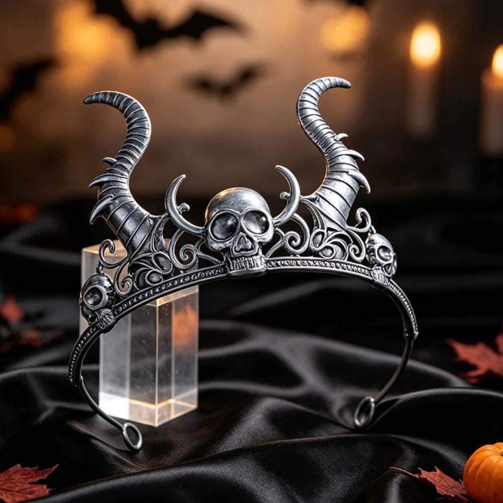 Gothic Horned Skull Tiara Crown Vintage Witch Metal Headband-MoonChildWorld