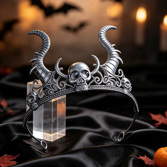 Gothic Horned Skull Tiara Crown Vintage Witch Metal Headband-MoonChildWorld