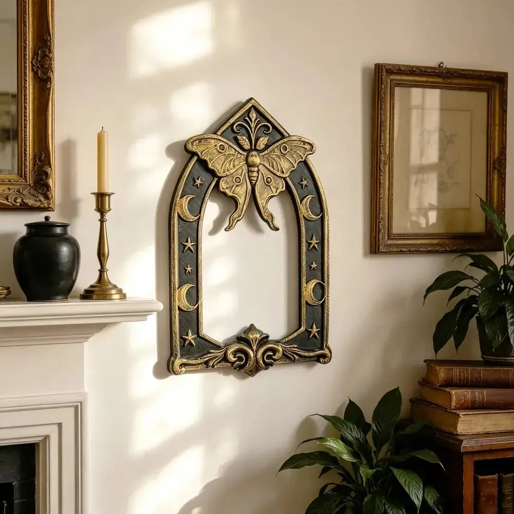 Interior wall styling: Gothic Luna Moth Moon Wall Hanging, featuring a luna moth above an open Gothic arch, with crescent moons and stars.