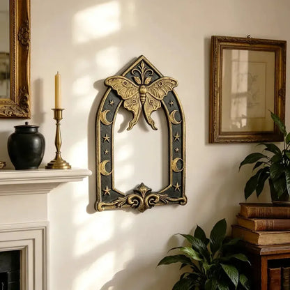 Interior wall styling: Gothic Luna Moth Moon Wall Hanging, featuring a luna moth above an open Gothic arch, with crescent moons and stars.