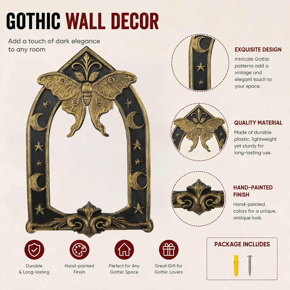 Wall ornament feature graphic: Gothic Luna Moth Moon Wall Hanging, featuring a luna moth above an open Gothic arch, with crescent moons and stars.