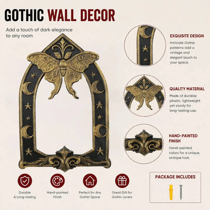 Wall ornament feature graphic: Gothic Luna Moth Moon Wall Hanging, featuring a luna moth above an open Gothic arch, with crescent moons and stars.