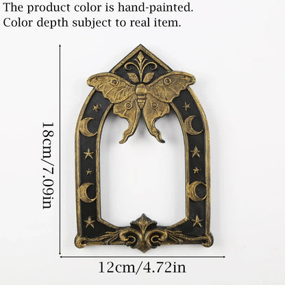 Accented-finish ornament measurement diagram: Gothic Luna Moth Moon Wall Hanging, featuring a luna moth above an open Gothic arch, with crescent moons and stars.