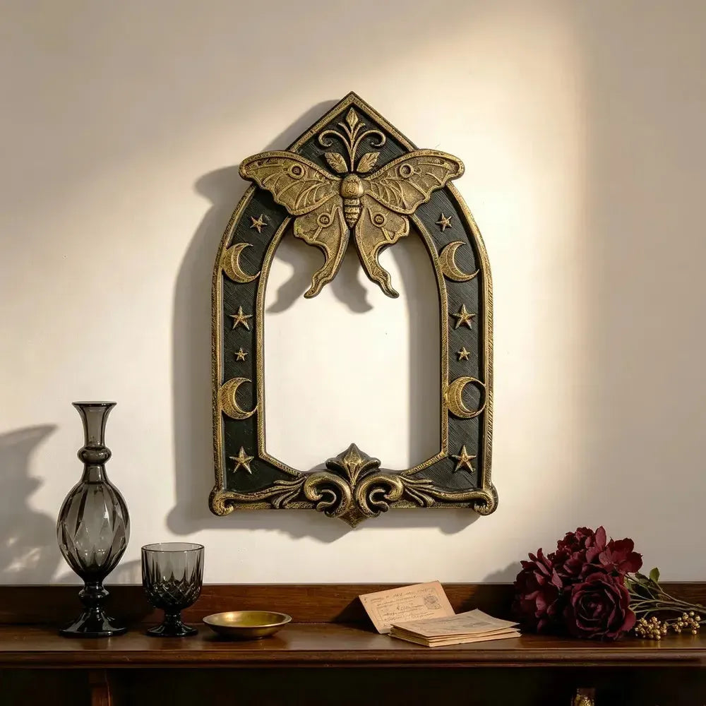 Styled wall display: Gothic Luna Moth Moon Wall Hanging, featuring a luna moth above an open Gothic arch, with crescent moons and stars.