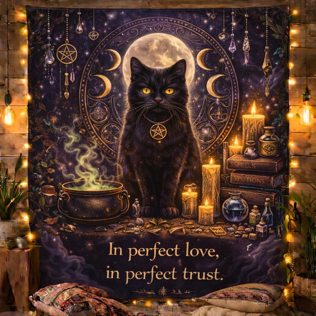 Gothic Moon Black Cat Tapestry – Witchy Gothic Wiccan Wall Hanging-MoonChildWorld