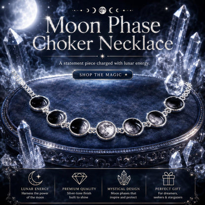 Moon Phase Choker Necklace displayed on a dark velvet tray surrounded by glowing crystal points and moon phases. The necklace features seven silver-toned oval links with moon-phase imagery, set against a mystical cosmic background with promotional text overlays.