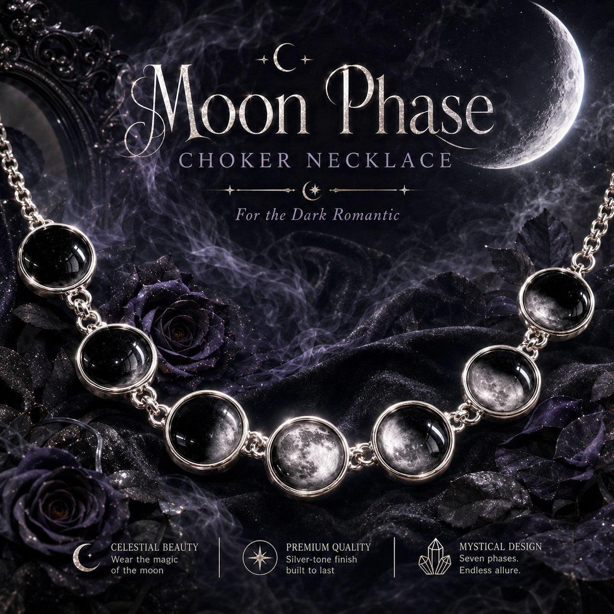 Moon Phase Choker Necklace with seven silver-toned oval links holding clear domed glass beads showing moon phases, displayed on a dark gothic background with roses and text overlays.