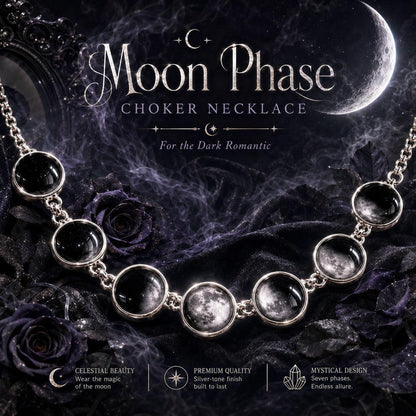 Moon Phase Choker Necklace with seven silver-toned oval links holding clear domed glass beads showing moon phases, displayed on a dark gothic background with roses and text overlays.