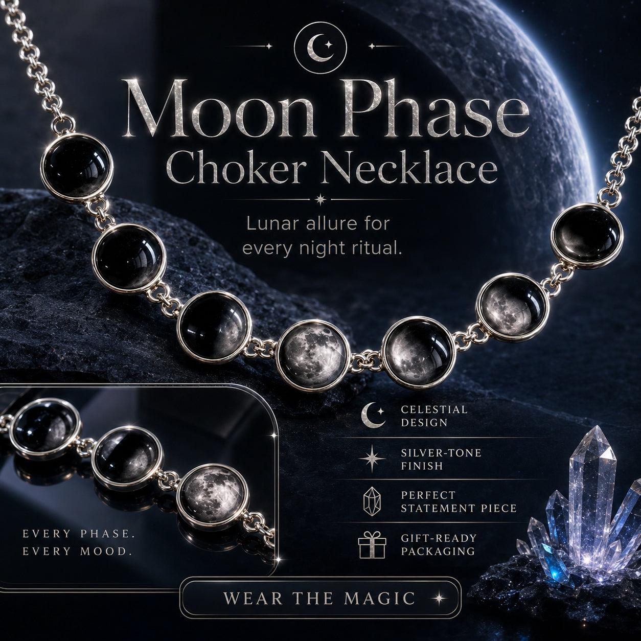 Moon Phase Choker Necklace featuring silver-toned links with black and cloudy moonstone beads, displayed against a dark celestial background with text overlays and product features.