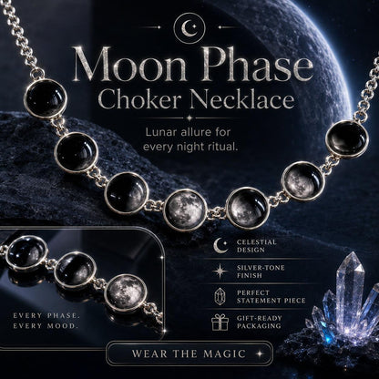 Moon Phase Choker Necklace featuring silver-toned links with black and cloudy moonstone beads, displayed against a dark celestial background with text overlays and product features.