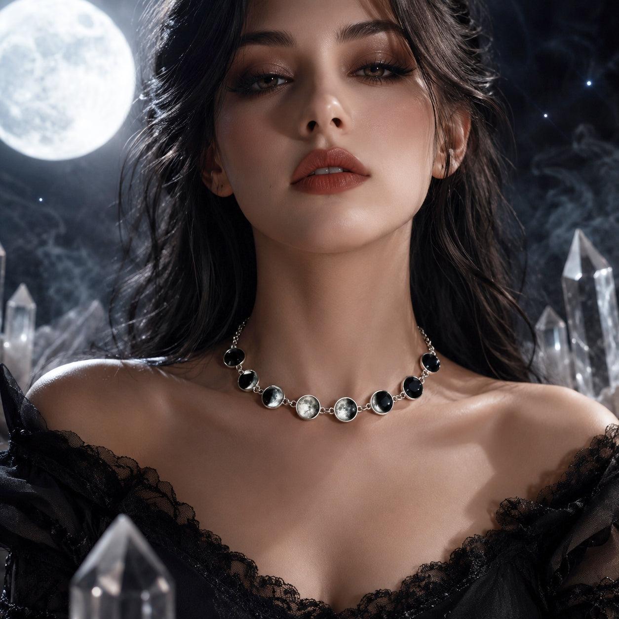 Gothic Moon Phase Choker - Lunar Cycle Celestial Necklace-MoonChildWorld