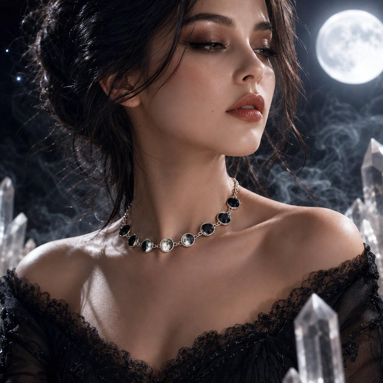 Gothic Moon Phase Choker - Lunar Cycle Celestial Necklace-MoonChildWorld