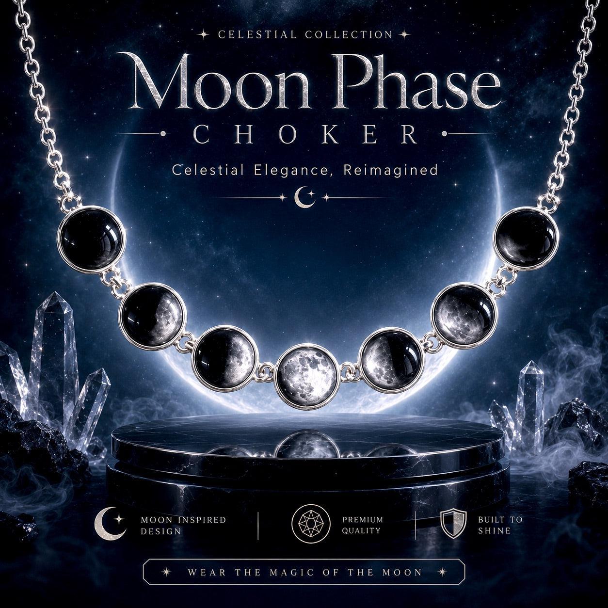Celestial Moon Phase Choker necklace featuring seven black moon-shaped beads with silver settings and chain, displayed on a pedestal against a dark starry sky and crystal background.