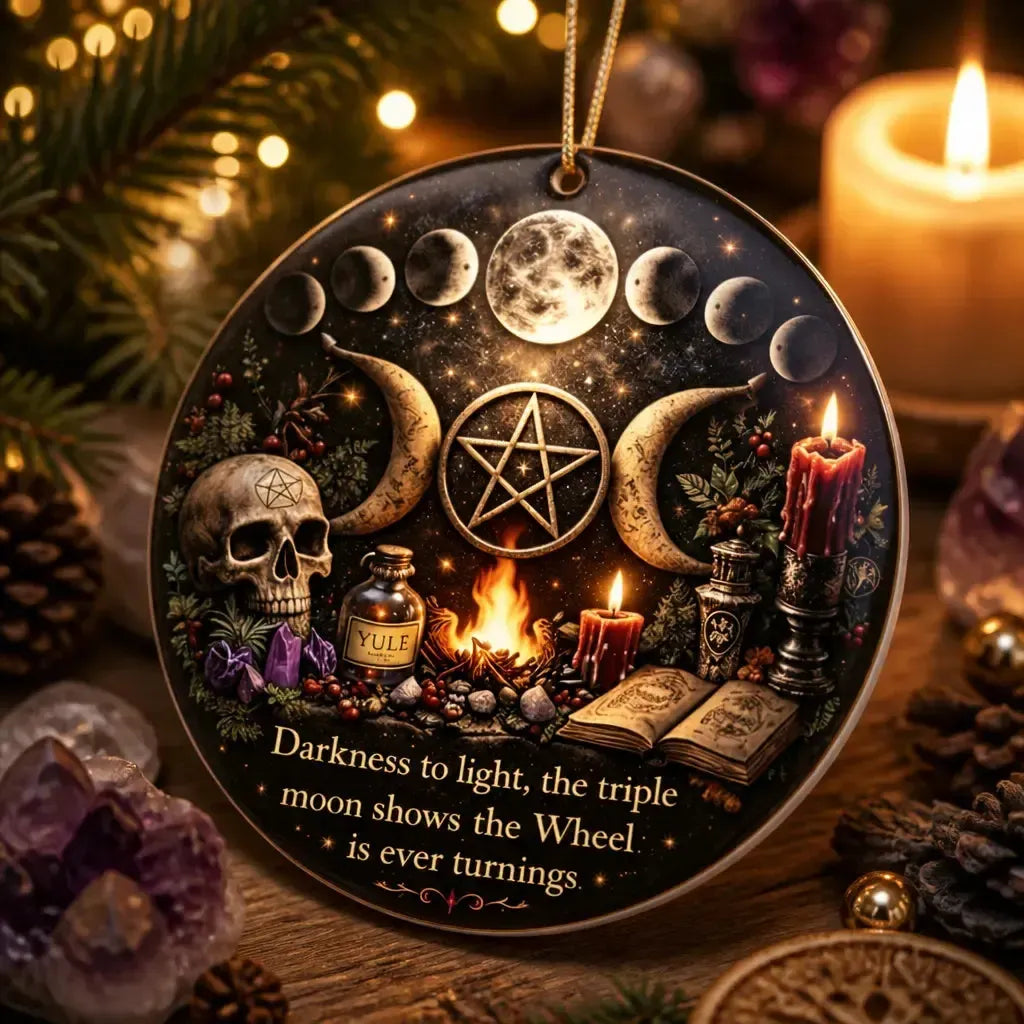 Gothic Moon Phase Triple Moon Yule Ceramic Ornament – Witchcraft Holiday Decor_mockup_2.webp