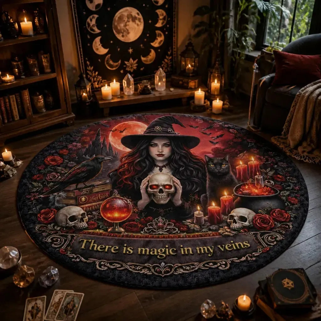 Gothic Moon Witch Round Rug Dark Crow Black Cat Wicca Carpet Halloween Home Decor_mockup_1.webp