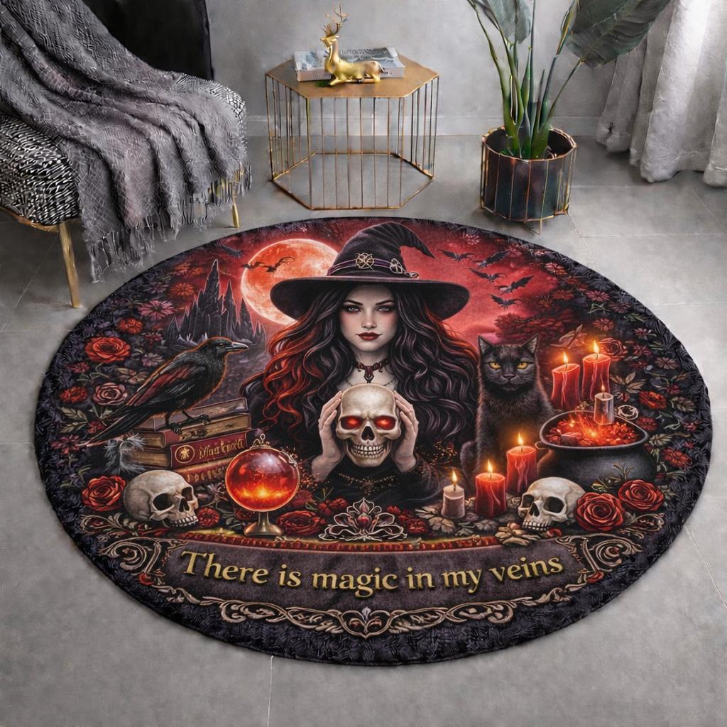 Gothic round rug with a witch, black cat, crow, skulls, candles, and a red moon.