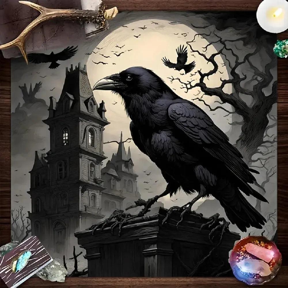 Gothic Moonlight Raven Altar Cloth for Tarot Readings Witchcraft Rituals - Witchy Crow Tablecloth Halloween Decorations-MoonChildWorld