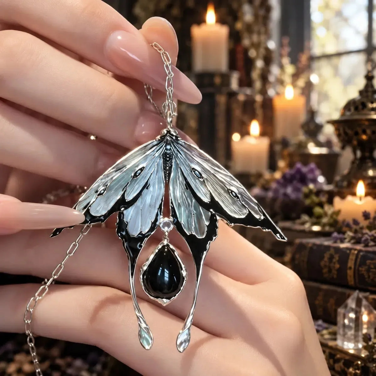 Close view of moth necklace held by its chain
