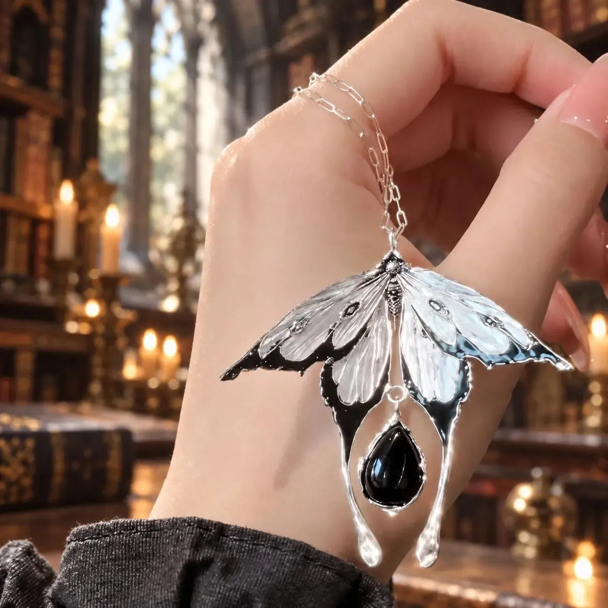 Moth pendant suspended in front of a hand
