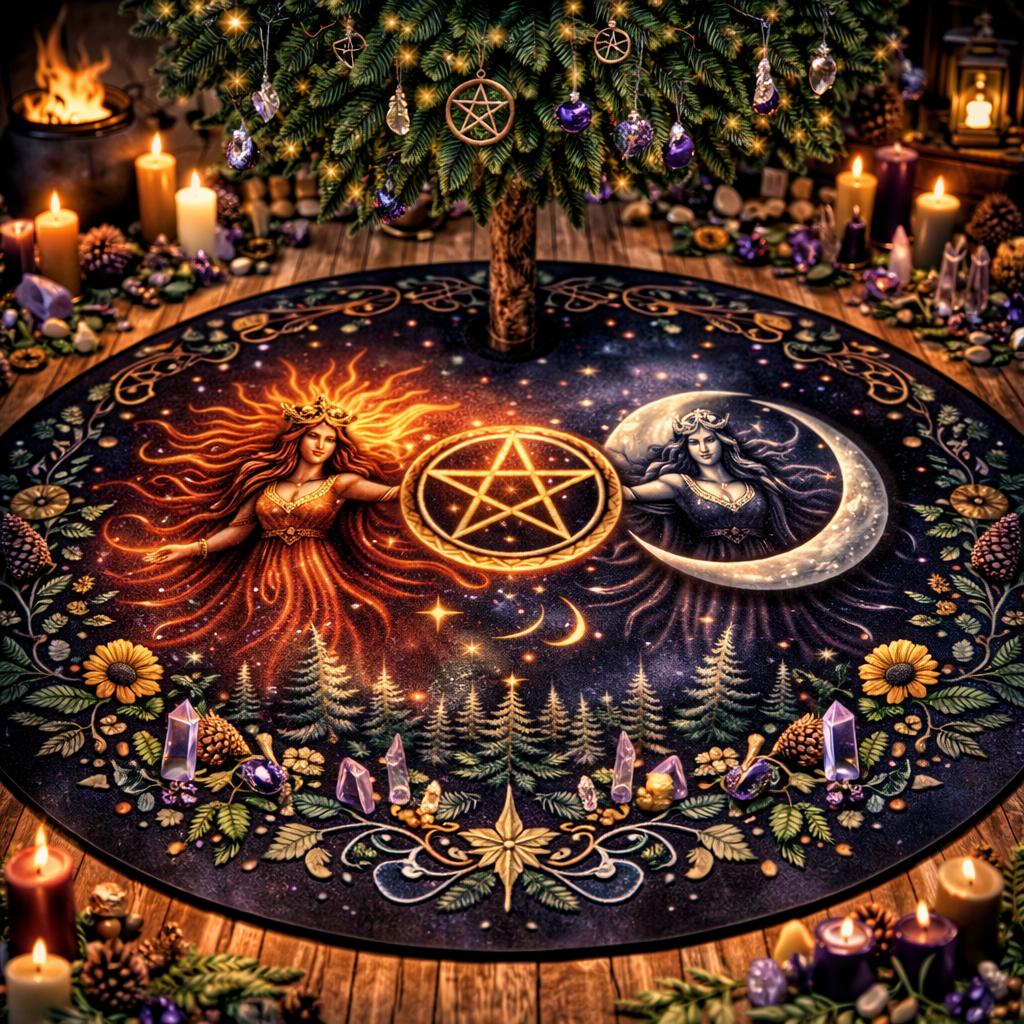 Dark mystical velvet tree skirt with sun goddess, moon goddess, pentacle, and forest design.