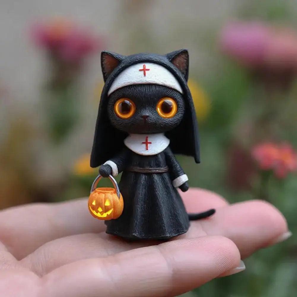 Gothic Nun Black Cat Sculpture Halloween Witchy Cat Figurine with Pumpkin Bucket-MoonChildWorld