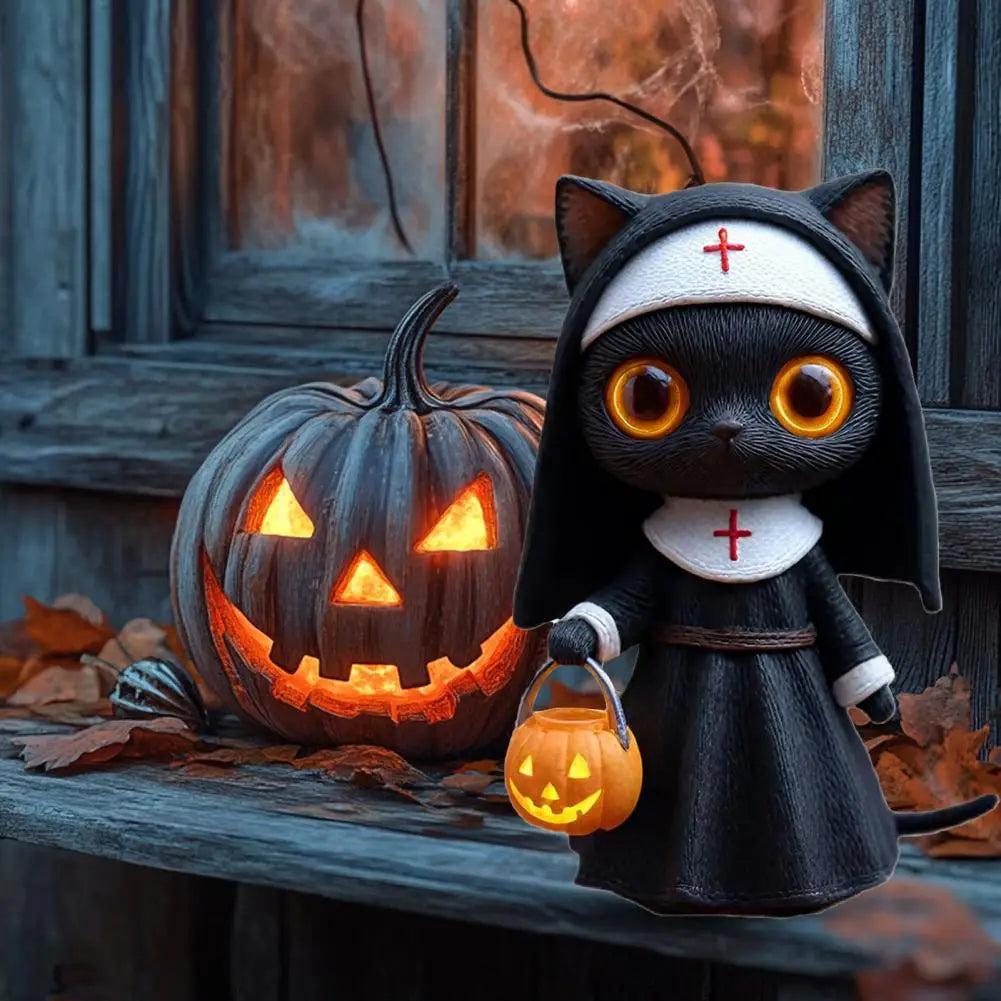 Gothic Nun Black Cat Sculpture Halloween Witchy Cat Figurine with Pumpkin Bucket-MoonChildWorld
