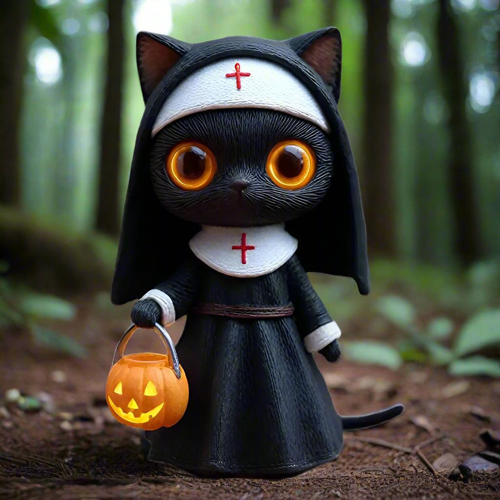 Gothic Nun Black Cat Sculpture Halloween Witchy Cat Figurine with Pumpkin Bucket-MoonChildWorld