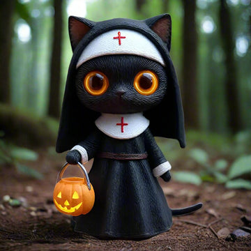 Gothic Nun Black Cat Sculpture Halloween Witchy Cat Figurine with Pumpkin Bucket-MoonChildWorld