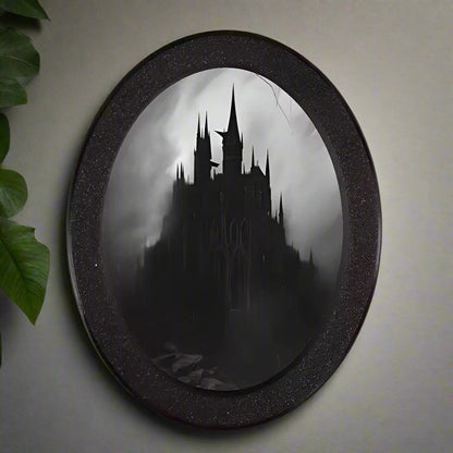 Gothic Oval Frame - Bloody Moon Castle with Gothic Architecture in Red and Durable Plastic Frame for Halloween-MoonChildWorld
