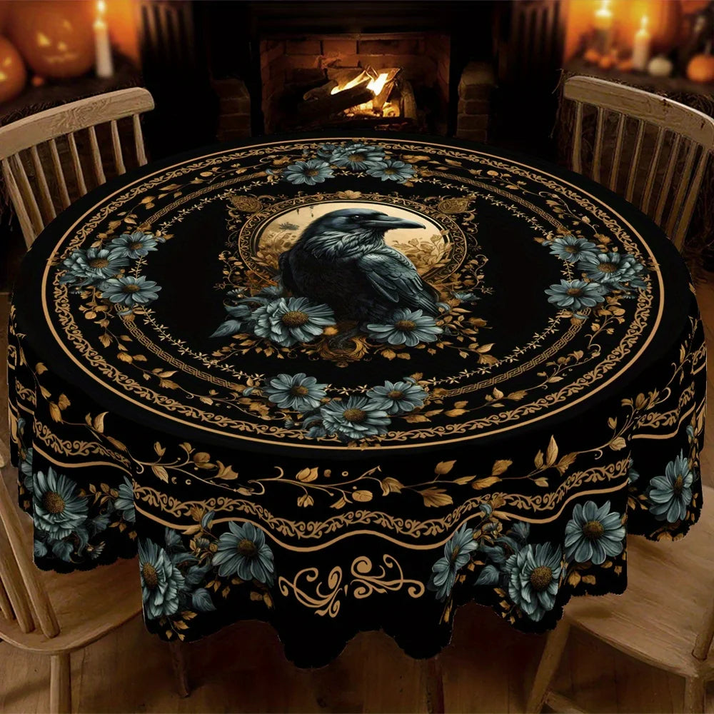 Gothic owl Halloween tablecloth with dark floral decor