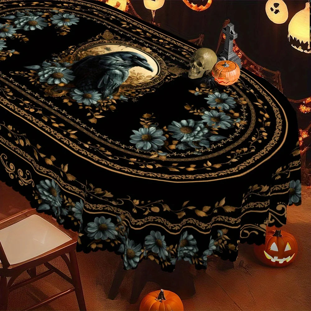 Gothic owl Halloween tablecloth with dark floral decor