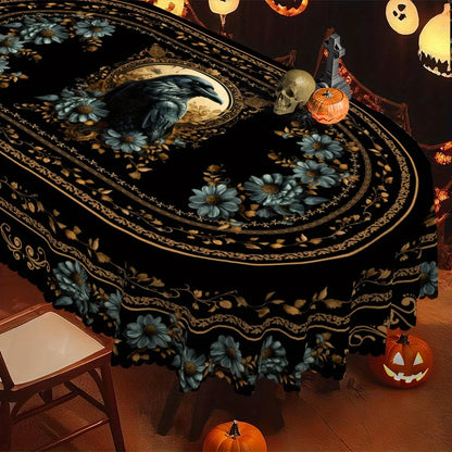 Gothic owl Halloween tablecloth with dark floral decor