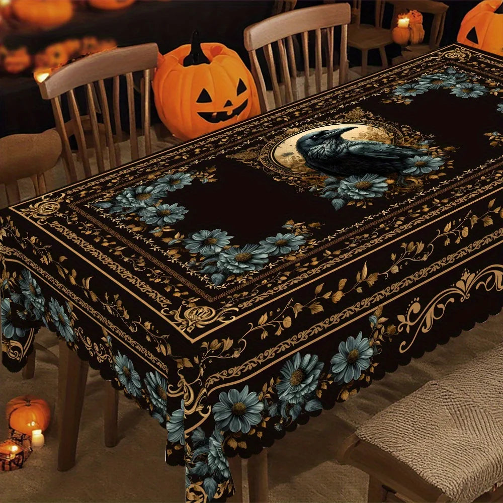 Gothic owl Halloween tablecloth with dark floral decor