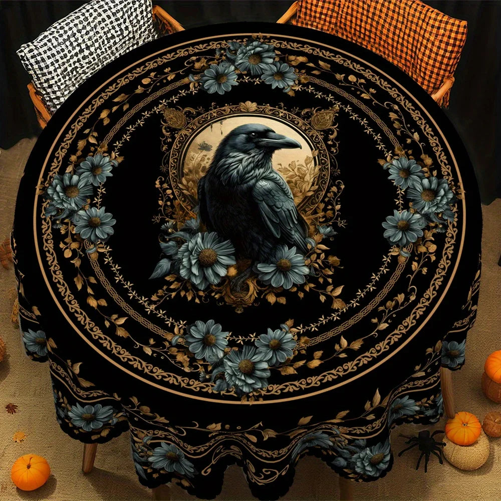 Gothic owl Halloween tablecloth with dark floral decor