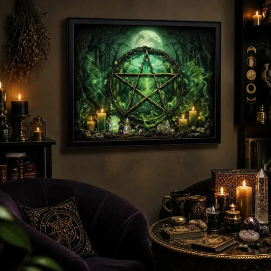 Gothic Pagan Pentacle Art Print - Black Framed Canvas Wall Decor for Witchy Halloween_mockup_1.webp